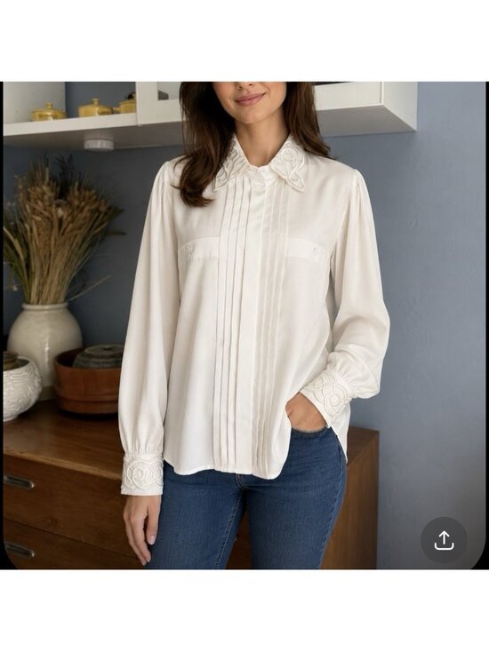 Louis Feraud Tops - Vintage 80’s Louis Feraud White Pleated Blouse Embroidered Collar Cuffs